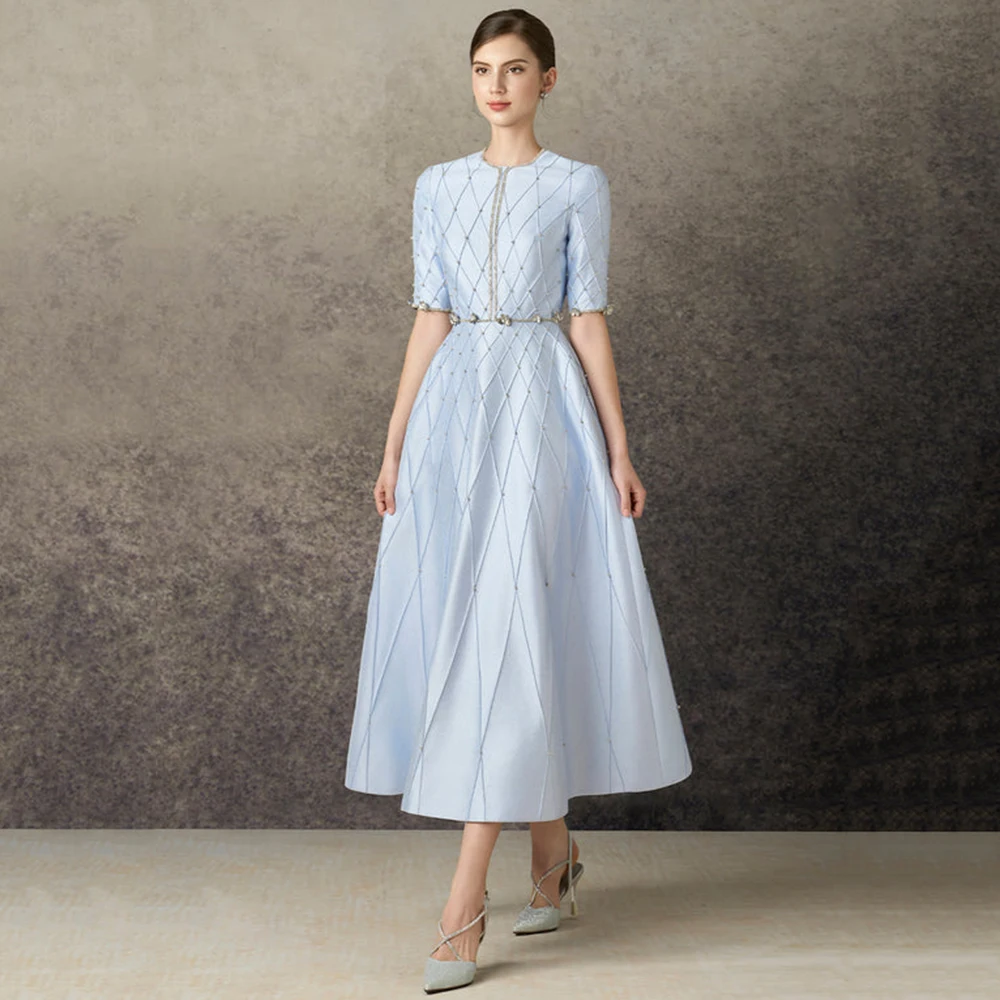 Customized O-neck Sky Blue Satin Evening Dress Crystal Half Sleeves With Zipper Party Dress Ankle Length A-line Prom Gown
Customized O-neck Sky Blue Satin Evening Dress Crystal Half Sleeves With Zipper Party Dress Ankle Length A-line Prom Gown