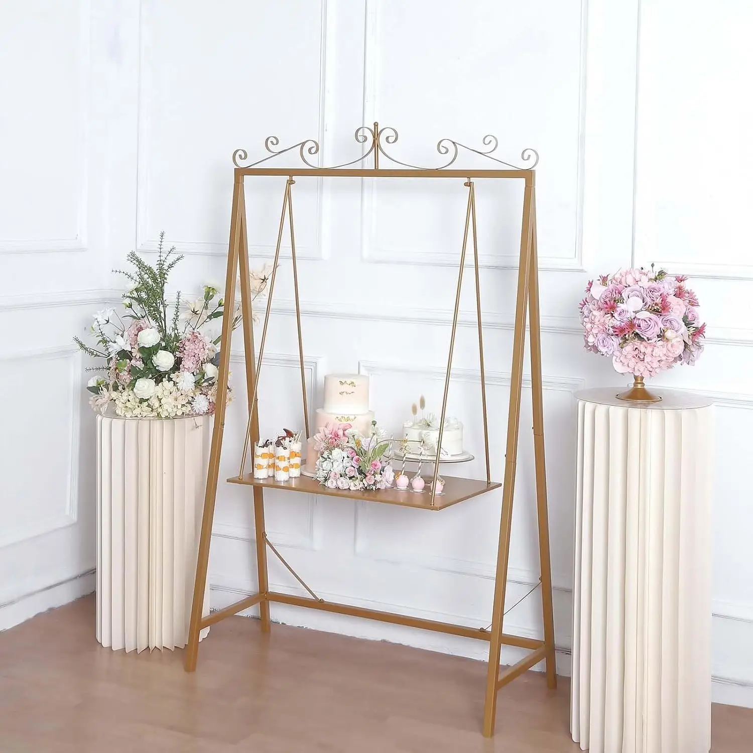 6ft Tall Gold Metal Unique Hanging Dessert Display Swing Floor Stand, Elegant Cake Serving Station
6ft Tall Gold Metal Unique Hanging Dessert Display Swing Floor Stand, Elegant Cake Serving Station