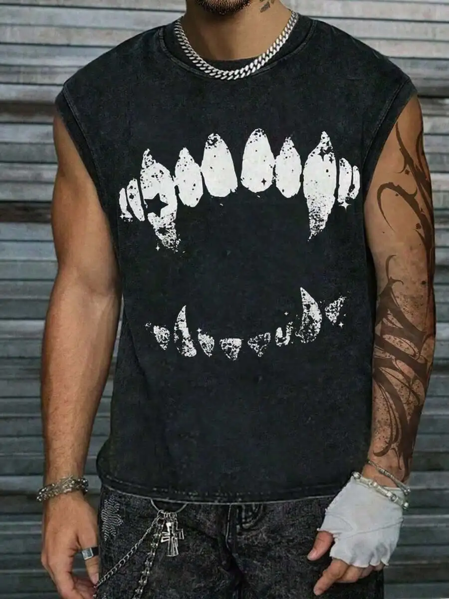 Vintage Washed Black Tank Top With Graphic Tooth Print Mens Streetwear Crew Neck Casual Vest
Vintage Washed Black Tank Top With Graphic Tooth Print Mens Streetwear Crew Neck Casual Vest