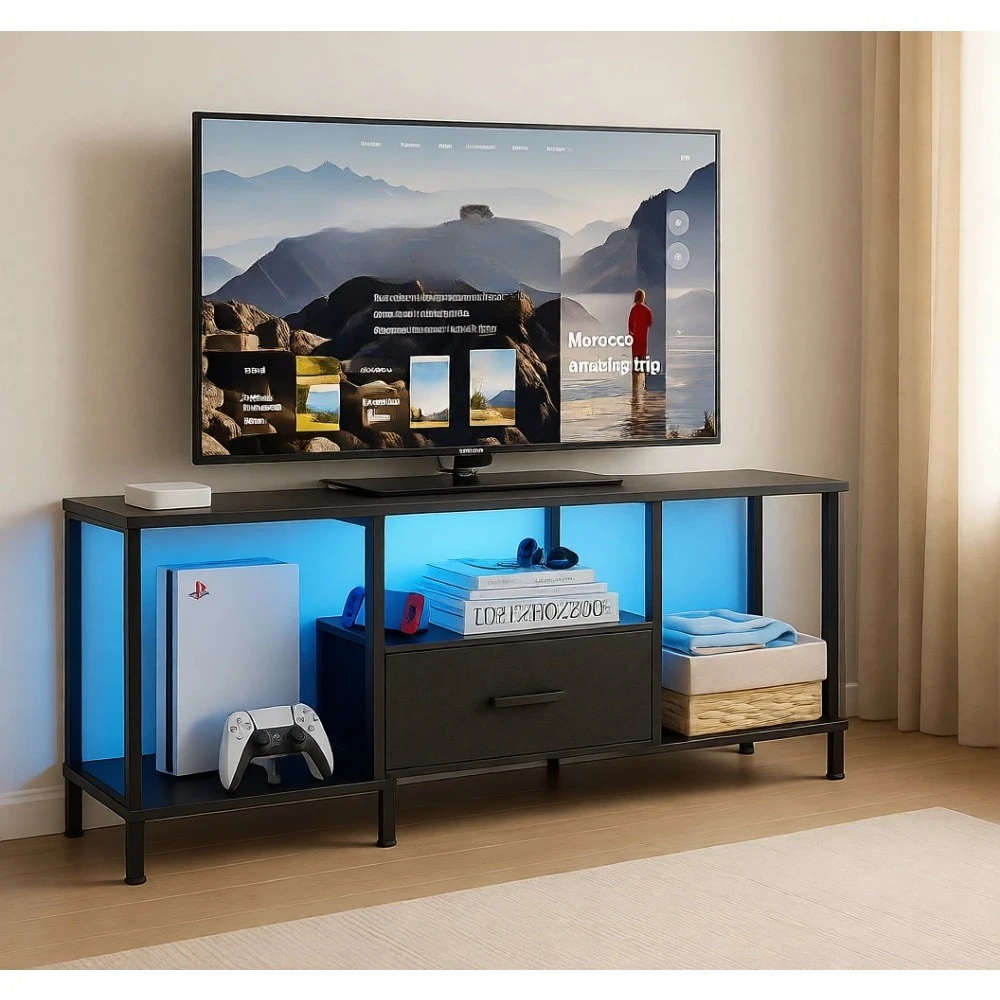 Black TV Stand with LED Lights Open Shelves Fabric Drawer for 55 Inch TV Living Room Bedroom
Black TV Stand with LED Lights Open Shelves Fabric Drawer for 55 Inch TV Living Room Bedroom