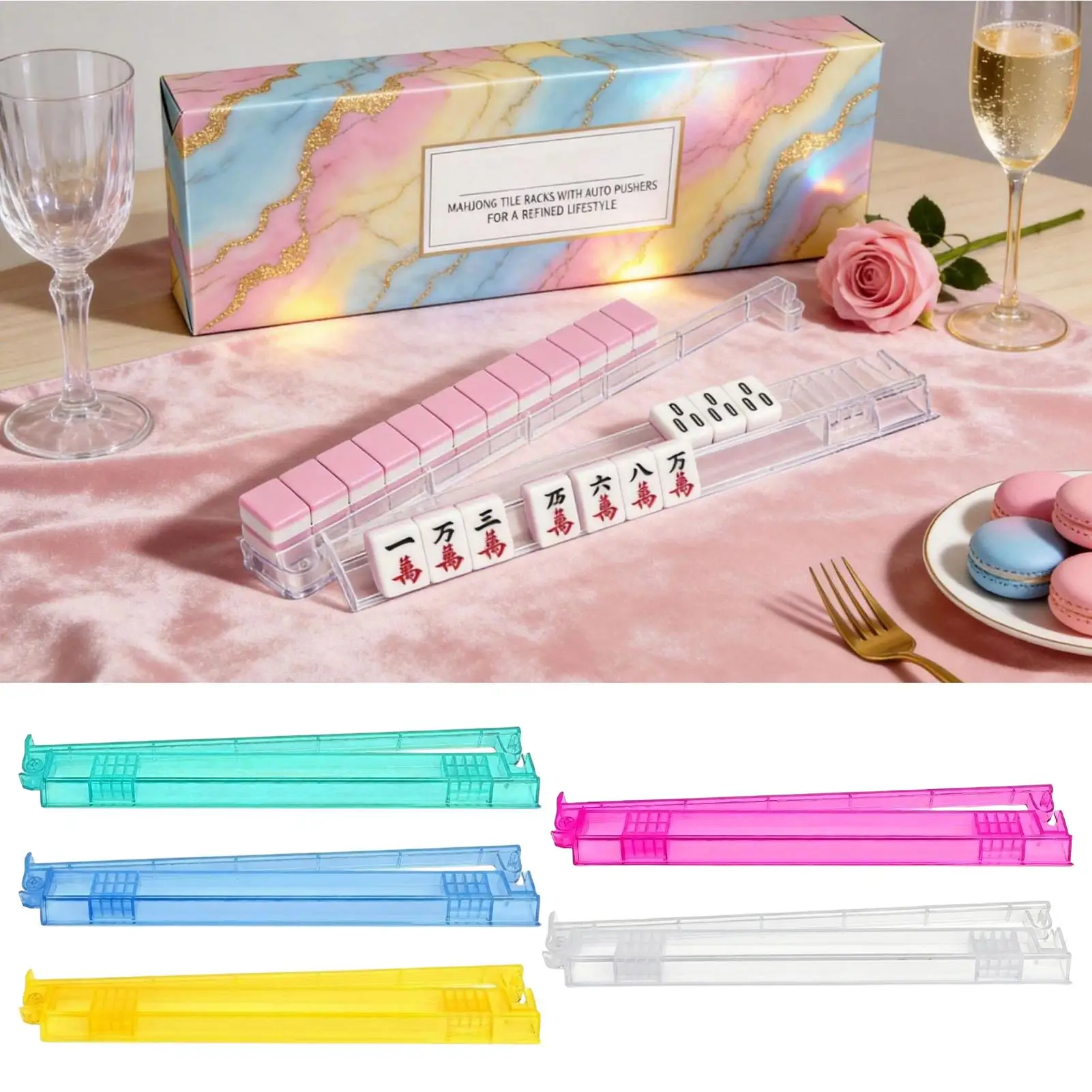 Acrylic Mahjong Racks With Pusher Non-Slip Tray 4-Piece Transparent Mahjong Tile Rack For Player Adults Beginners Home Travel