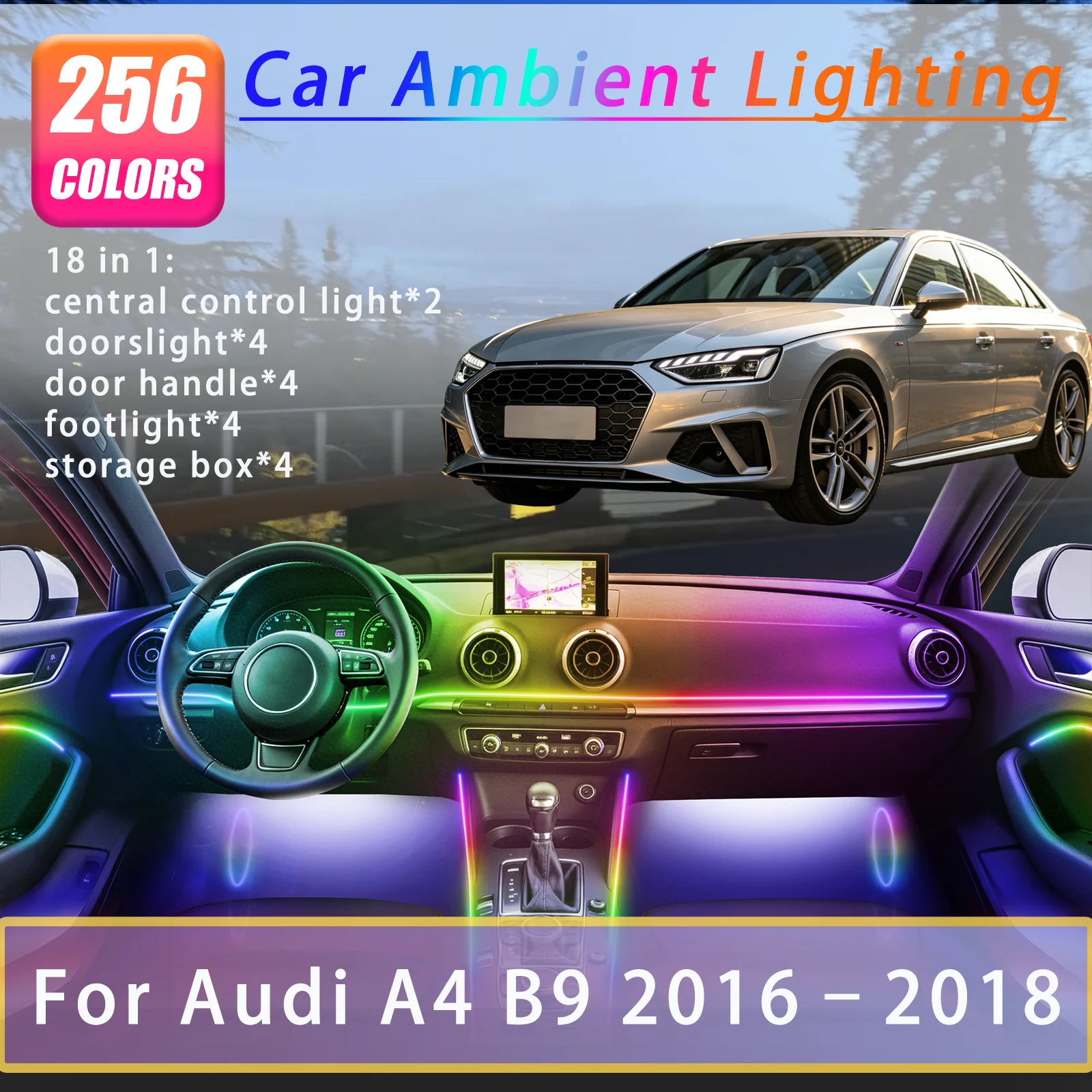 For Audi A4 B9 2016-2018 Years 14/18 in 1 Led Acrylic Car Ambient Light RGB 64 213 Color Symphony Acrylic APP Streamer Atmospher
For Audi A4 B9 2016-2018 Years 14/18 in 1 Led Acrylic Car Ambient Light RGB 64 213 Color Symphony Acrylic APP Streamer Atmospher