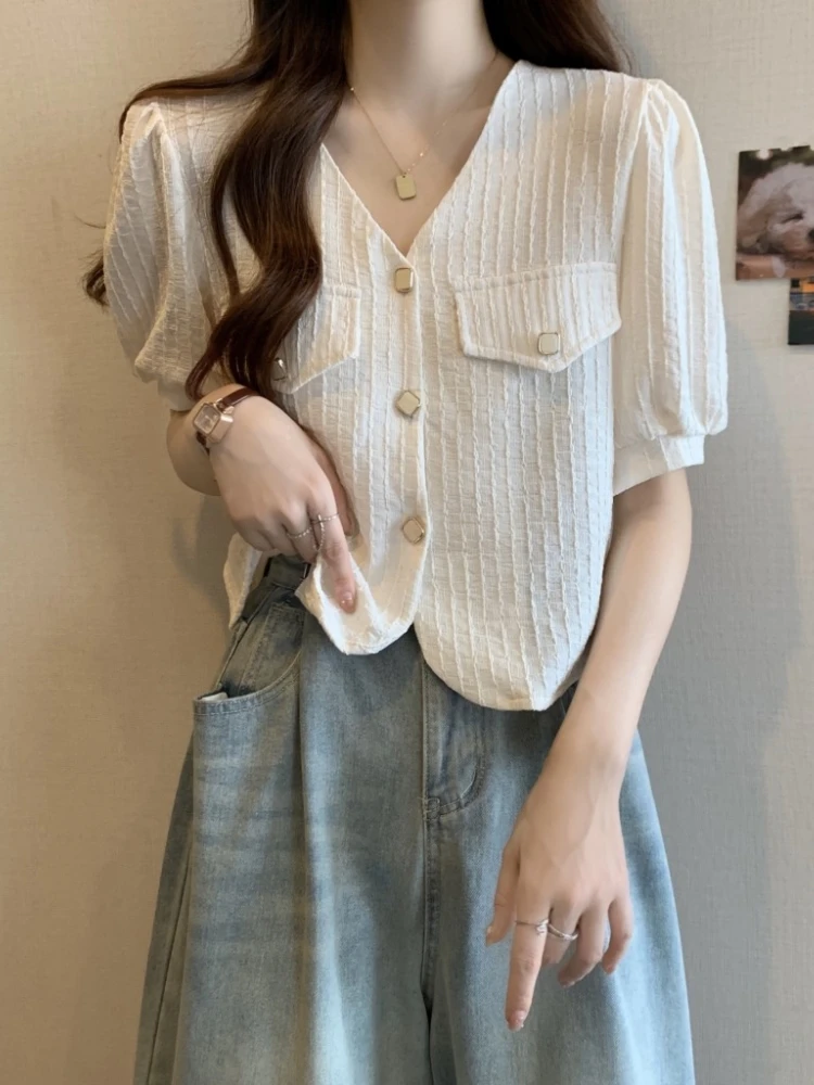 Slimming V-Neck Open Cardigan Women's Summer Shirt plus Size Bubble Sleeve Short Length Korean Style Commute Fashion
Slimming V-Neck Open Cardigan Women's Summer Shirt plus Size Bubble Sleeve Short Length Korean Style Commute Fashion