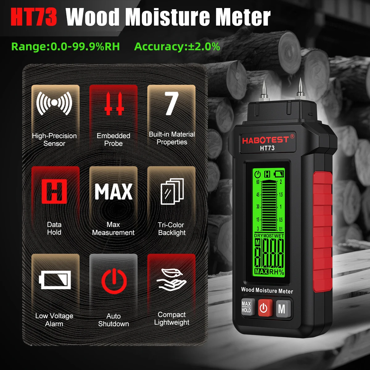 HT73 двухконтактный цифровой измеритель влажности древесины 0-99,9% тестер влажности древесины для древесины, пиломатериалы, детектор влажности
HT73 двухконтактный цифровой измеритель влажности древесины 0-99,9% тестер влажности древесины для древесины, пиломатериалы, детектор влажности