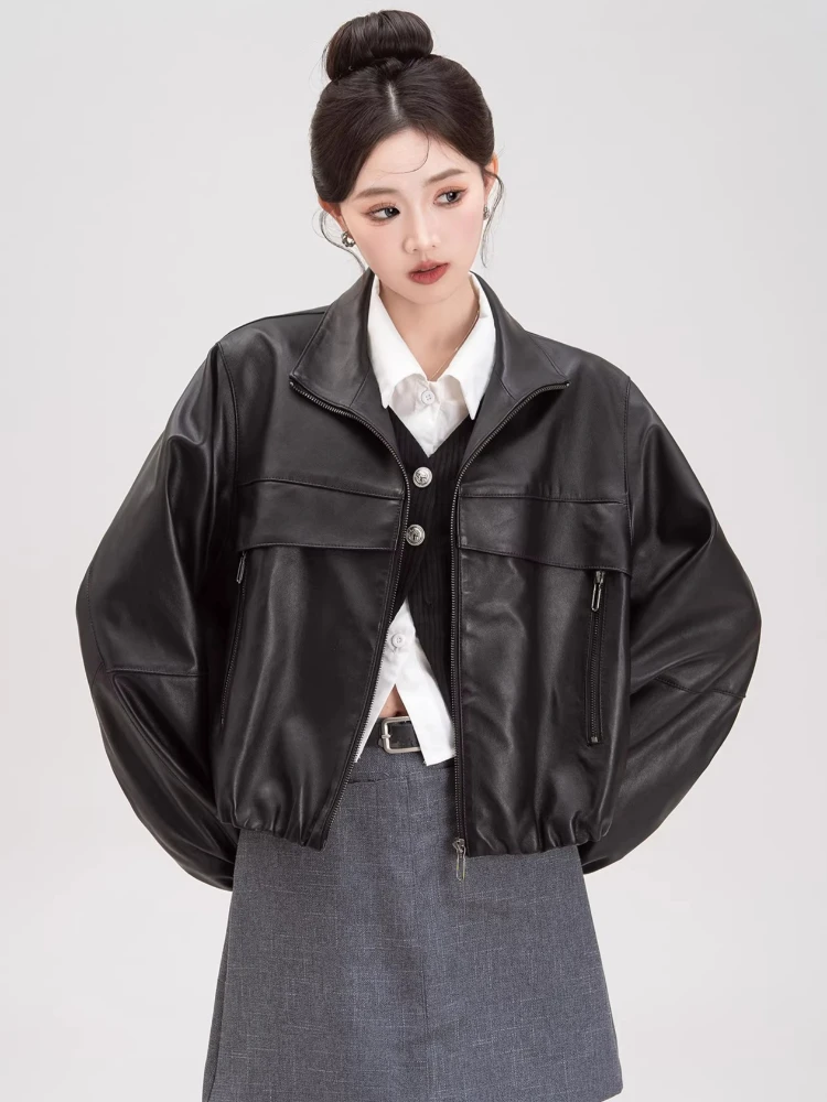 Casual Short Genuine Leather Motorcycle Jackets Women Spring Autumn High-end Simple Stand Collar Soft Black Real Sheepskin Coat
Casual Short Genuine Leather Motorcycle Jackets Women Spring Autumn High-end Simple Stand Collar Soft Black Real Sheepskin Coat