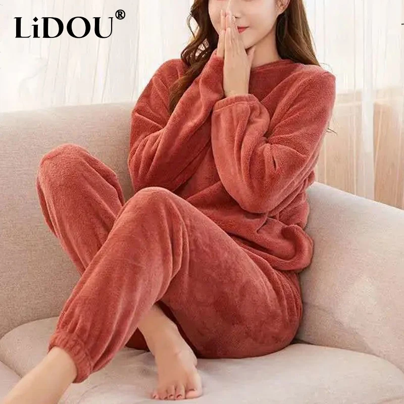 Autumn Winter O Neck Loose Casual Thick Warm Homewear Suit Lady Comfortable Solid Color Add Velvet Pajama Sets Women's Clothing
Autumn Winter O Neck Loose Casual Thick Warm Homewear Suit Lady Comfortable Solid Color Add Velvet Pajama Sets Women's Clothing