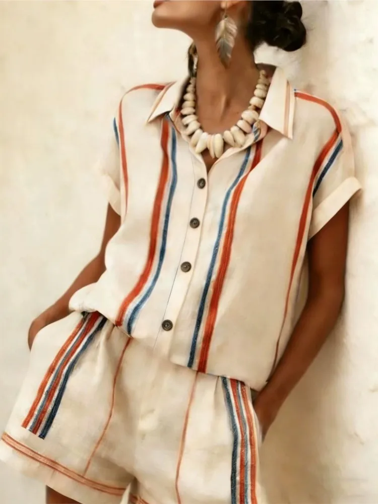 2026 Women Two-piece Set Vertical Striped Top Women's Summer Loose Casual Versatile Lapel-neck Shorts Sleeve Shirt Shorts Suit
2026 Women Two-piece Set Vertical Striped Top Women's Summer Loose Casual Versatile Lapel-neck Shorts Sleeve Shirt Shorts Suit