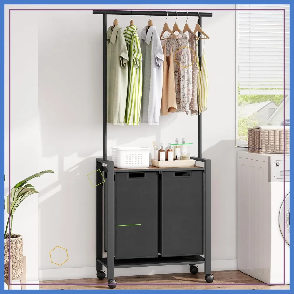 2-Section Rolling Laundry Hamper with Hanging Rack, Removable Baskets & Wheels for Home Organization, Rustic Brown