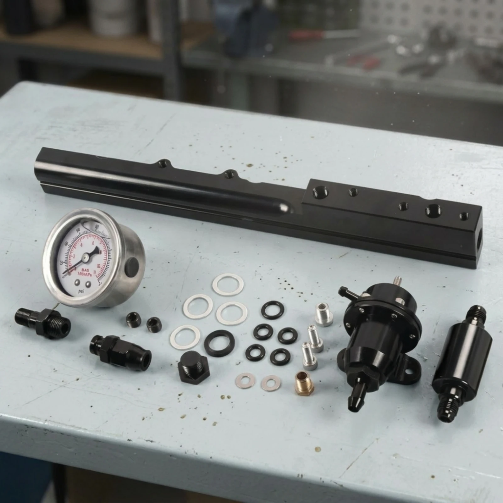 Fuel Rail Adapter Black Anodized Fuel Rail with Pressure Gauge Auto Part Aluminum Adjustable for Car Tuners, Engine Bay
Fuel Rail Adapter Black Anodized Fuel Rail with Pressure Gauge Auto Part Aluminum Adjustable for Car Tuners, Engine Bay