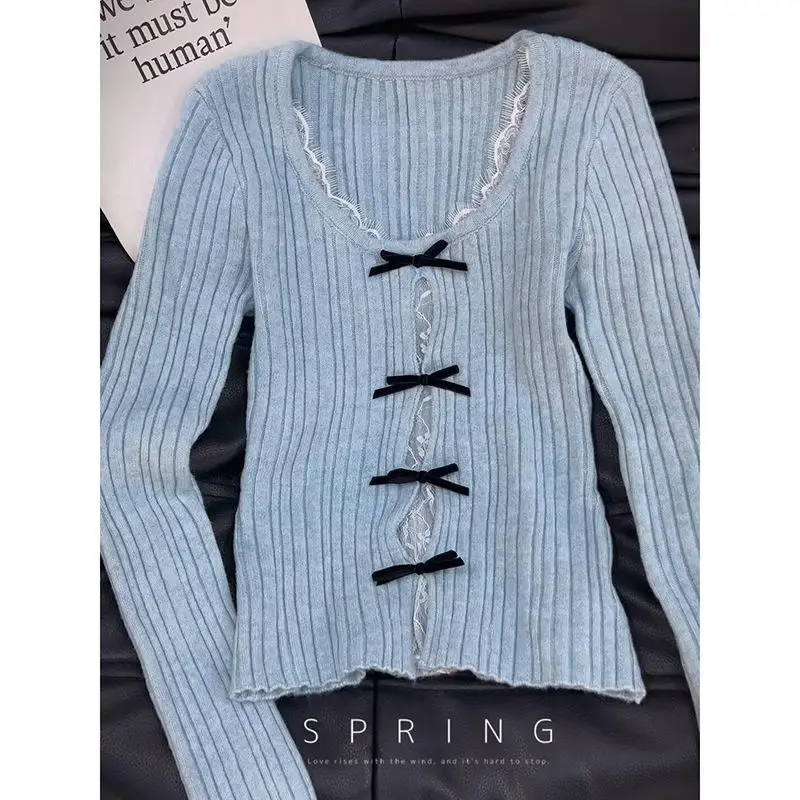 Onalippa Кружевной ажурный искусственный двухсекционный вязаный свитер для женщин ранней весны, высококачественный дизайн с бантом, хорошая базовая рубашка, модный топ 
Onalippa Кружевной ажурный искусственный двухсекционный вязаный свитер для женщин ранней весны, высококачественный дизайн с бантом, хорошая базовая рубашка, модный топ