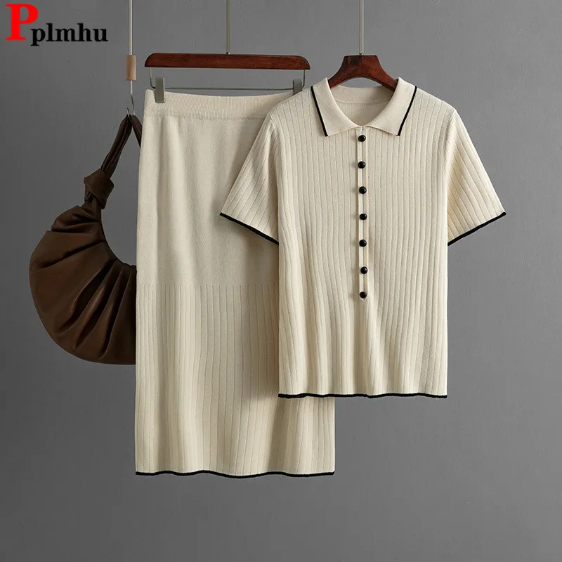 Summer Elegant Knitted 2 Piece Sets Women Polo Neck Knitwears T-shirts Tops Conjuntos Korean Elastic High Waist Skirts Outfit
Summer Elegant Knitted 2 Piece Sets Women Polo Neck Knitwears T-shirts Tops Conjuntos Korean Elastic High Waist Skirts Outfit