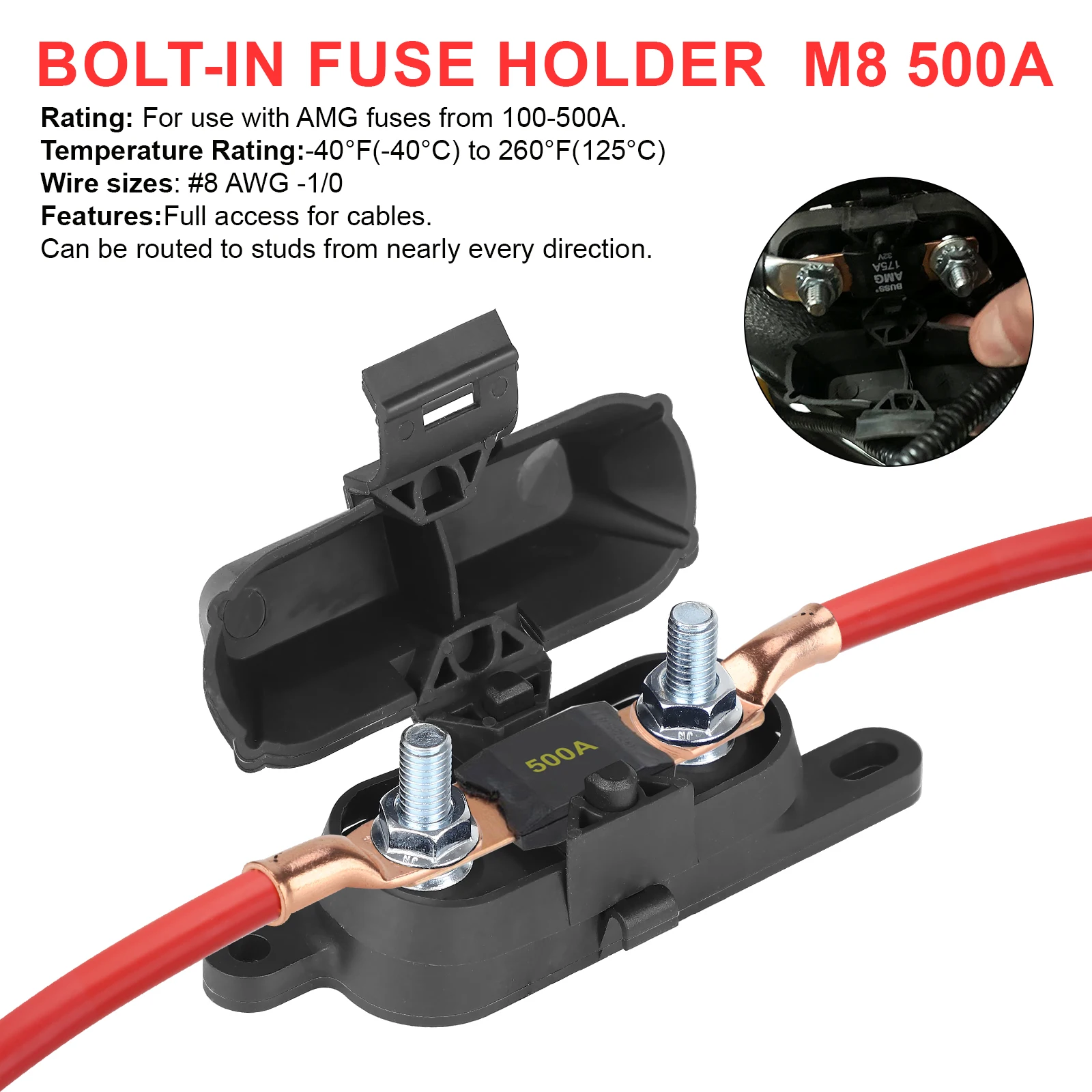 For AMG Fuses Car RV Boat Flammability Rating UL94 500A 8 AWG to 1/0 AWG Black Bussmann HMEG Fuse Block/Holder with Cover
For AMG Fuses Car RV Boat Flammability Rating UL94 500A 8 AWG to 1/0 AWG Black Bussmann HMEG Fuse Block/Holder with Cover
