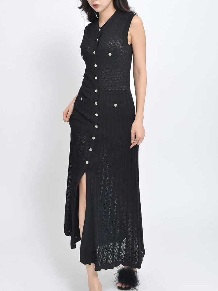 Streetwear For Women Knitted Hollow Out Dress O Neck Sleeveless Temperament Slimming Single Button Female Elegant Party Dresses 
Streetwear For Women Knitted Hollow Out Dress O Neck Sleeveless Temperament Slimming Single Button Female Elegant Party Dresses