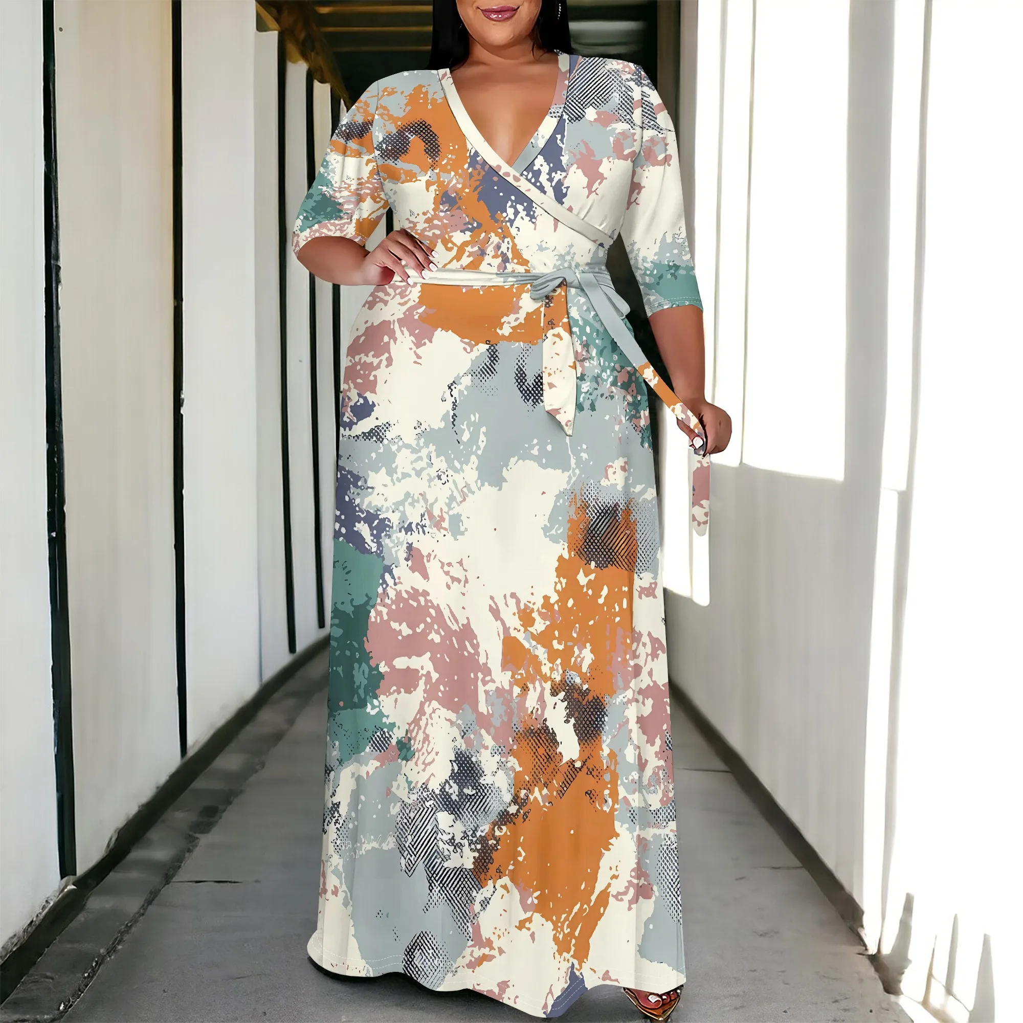 Plus Size Artistic Brush Print Maxi Dress for Women V Neck Wrap Style with 3/4 Sleeves
Plus Size Artistic Brush Print Maxi Dress for Women V Neck Wrap Style with 3/4 Sleeves