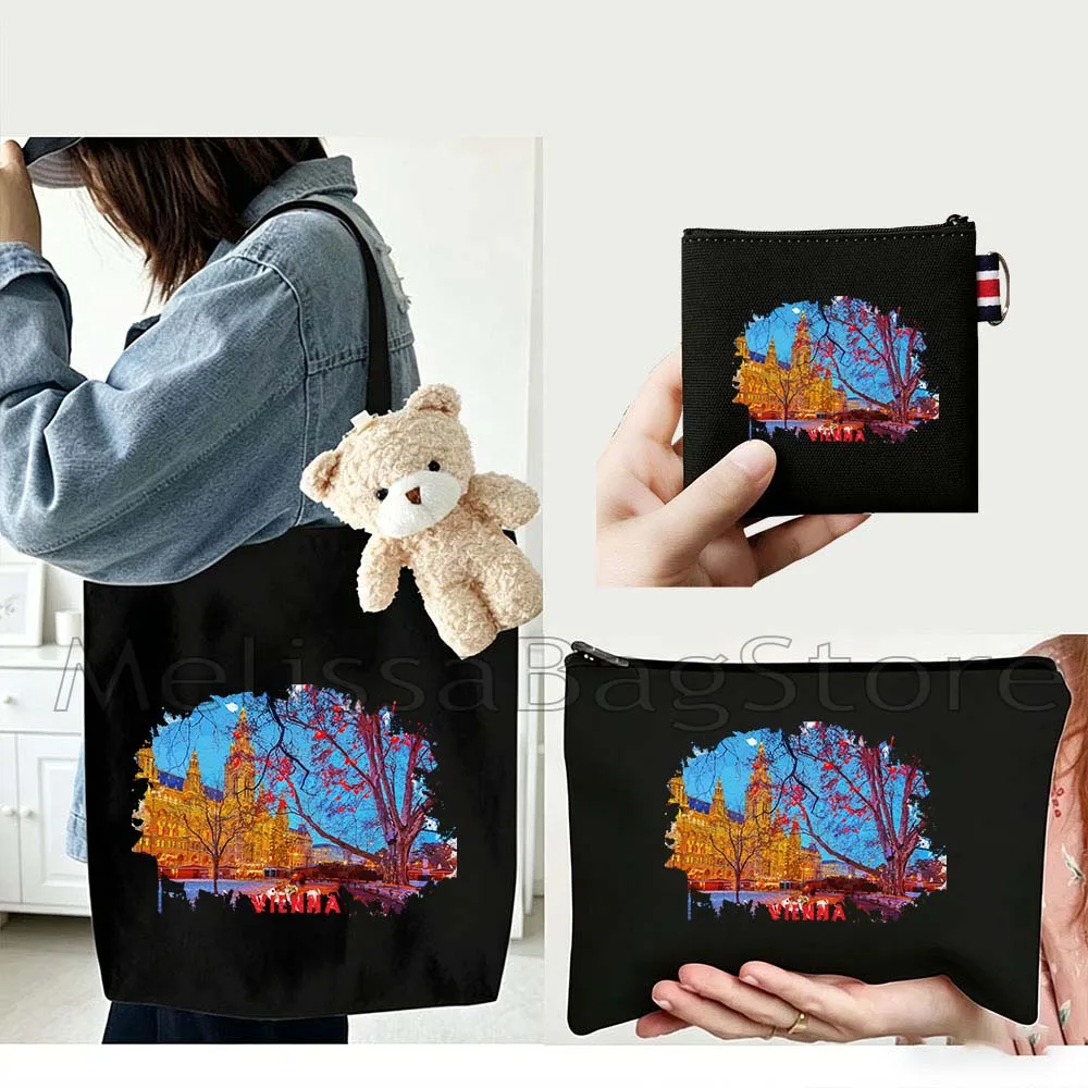 4PCS Gifts Set Vienna Austria Black Canvas Tote Bag Handbag with Doll Key Coin Purse Cosmetic Makeup Toilet Bag Case Pouch
4PCS Gifts Set Vienna Austria Black Canvas Tote Bag Handbag with Doll Key Coin Purse Cosmetic Makeup Toilet Bag Case Pouch