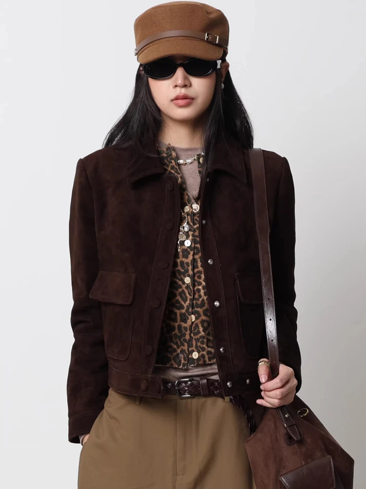 Vintage Short Genuine Leather Suede Jackets for Women Spring Autumn High-end Simple Single Breasted Slim Real Goatskin Coat
Vintage Short Genuine Leather Suede Jackets for Women Spring Autumn High-end Simple Single Breasted Slim Real Goatskin Coat