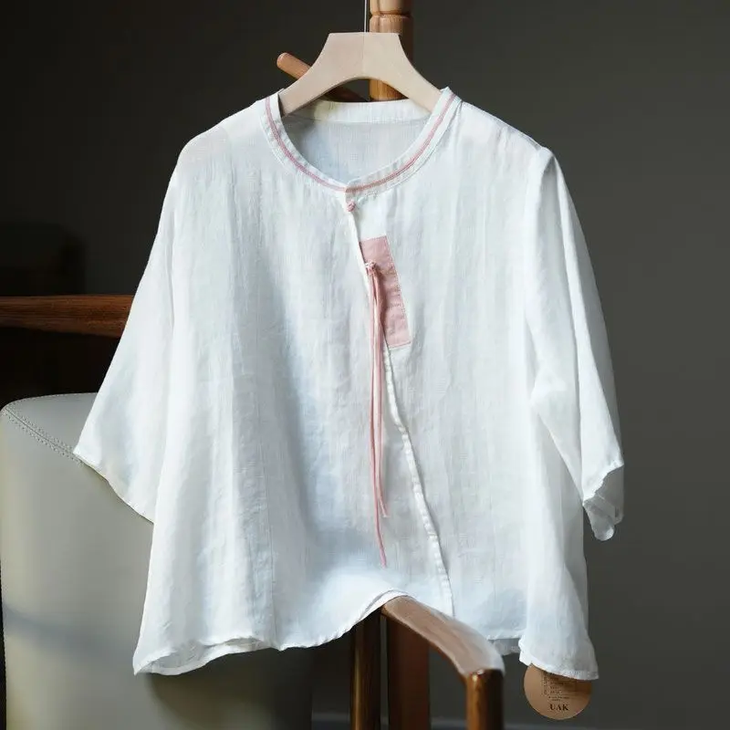 Summer Thin Retro Slanted Cotton Linen Women's Standing Collar Five-point Sleeve Loose Shirt Round Neck Short-sleeved TopYY90
Summer Thin Retro Slanted Cotton Linen Women's Standing Collar Five-point Sleeve Loose Shirt Round Neck Short-sleeved TopYY90