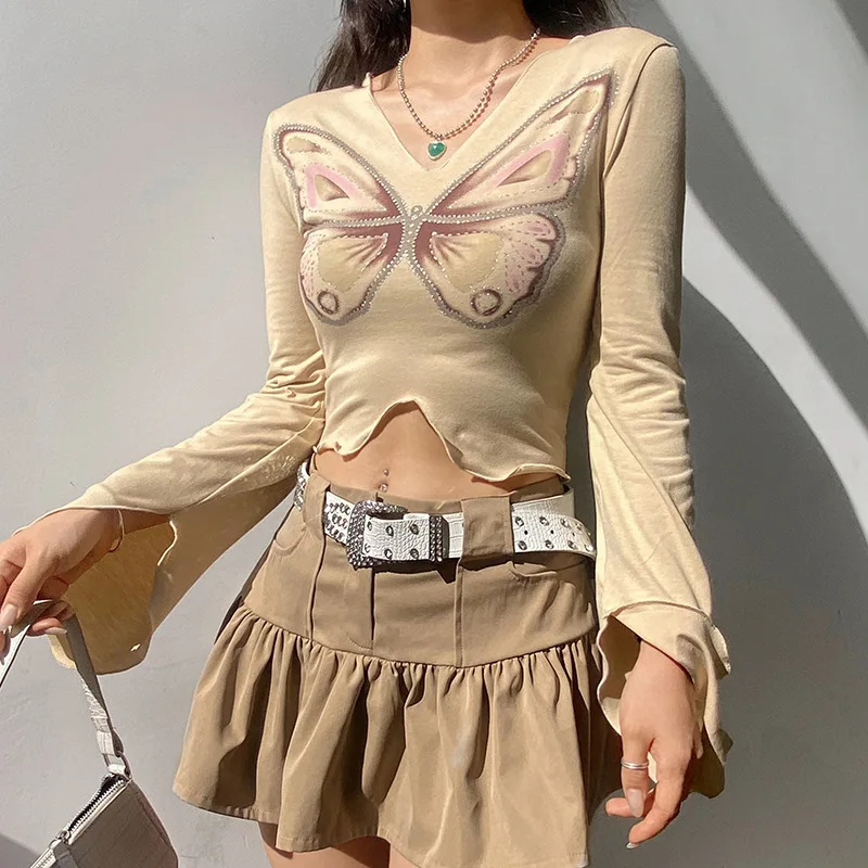 Butterfly Print Y2k Cropped Top Rhinestone Kawaii Brown V-neck Long Sleeve Aesthetics T-Shirt Harajuku Ladies Ruffled Irregular
Butterfly Print Y2k Cropped Top Rhinestone Kawaii Brown V-neck Long Sleeve Aesthetics T-Shirt Harajuku Ladies Ruffled Irregular