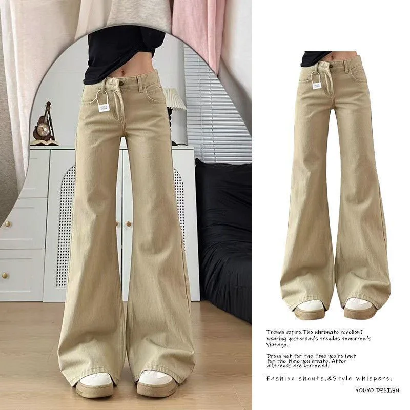 Khaki Denim Flares Pants Women American Style Low-Waisted Wide Leg Jeans Female Korean Fashion Slimming Streetwear Y2K Trousers
Khaki Denim Flares Pants Women American Style Low-Waisted Wide Leg Jeans Female Korean Fashion Slimming Streetwear Y2K Trousers