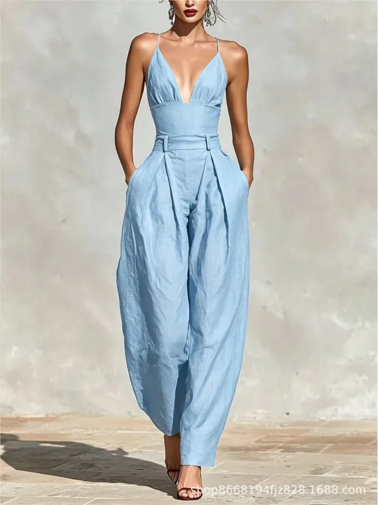 Fashion Sexy V-Neck Spaghetti Strap Jumpsuit Women High Waist Wide Leg Casual Romper Summer Boho Solid Backless Pockets Overalls
Fashion Sexy V-Neck Spaghetti Strap Jumpsuit Women High Waist Wide Leg Casual Romper Summer Boho Solid Backless Pockets Overalls