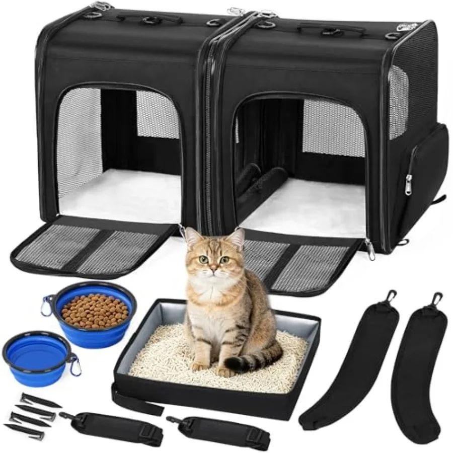 Cat Carrier for 2 Cats, Pet Travel Carrier with Litter Box for Cats and Small Dogs Up to 35 Lbs, Bowls, and Locking Zippers, Bl
Cat Carrier for 2 Cats, Pet Travel Carrier with Litter Box for Cats and Small Dogs Up to 35 Lbs, Bowls, and Locking Zippers, Bl