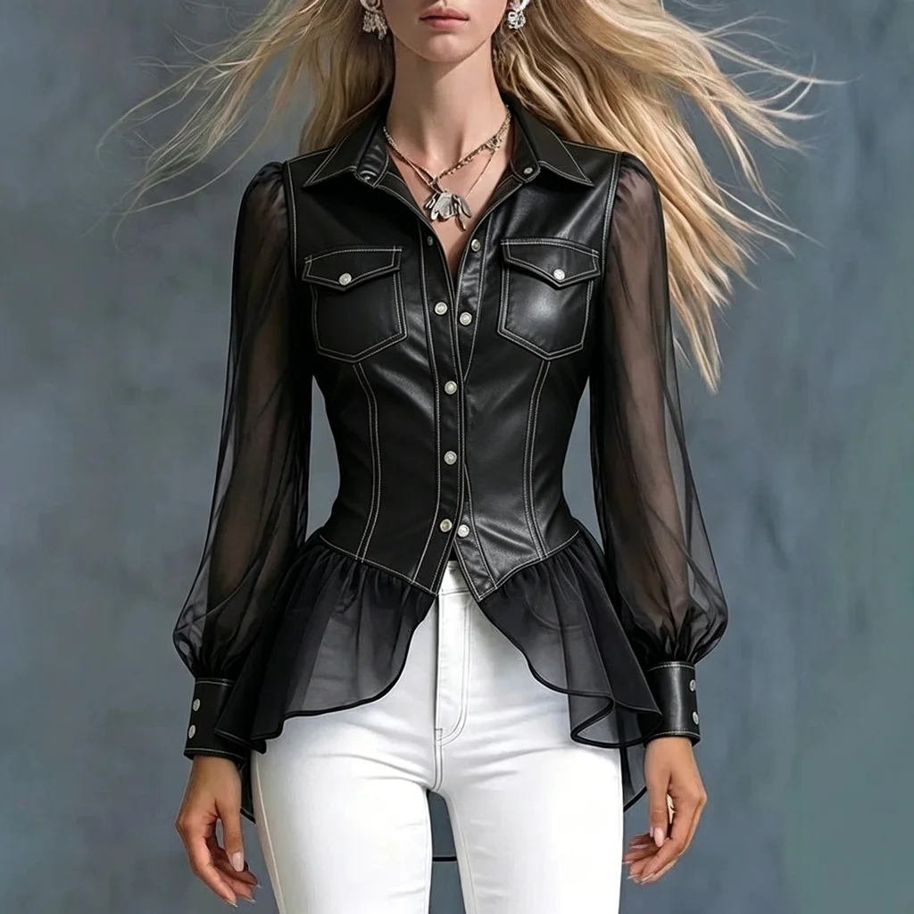 Black PU Leather Sheer Slim Fit Blouse Top for Women Turndown Collar Long Sleeve Top Summer Elegant Button Shirt Blouse
Black PU Leather Sheer Slim Fit Blouse Top for Women Turndown Collar Long Sleeve Top Summer Elegant Button Shirt Blouse