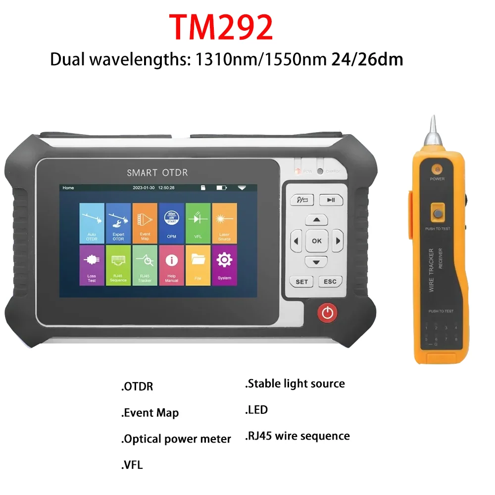 Mini OTDR Fiber Optic Reflectometer, Touch Screen, VFL, OLS, OPM, Event Map, With Cable Tester, 1310, 1550nm, 26, 24dB
Mini OTDR Fiber Optic Reflectometer, Touch Screen, VFL, OLS, OPM, Event Map, With Cable Tester, 1310, 1550nm, 26, 24dB