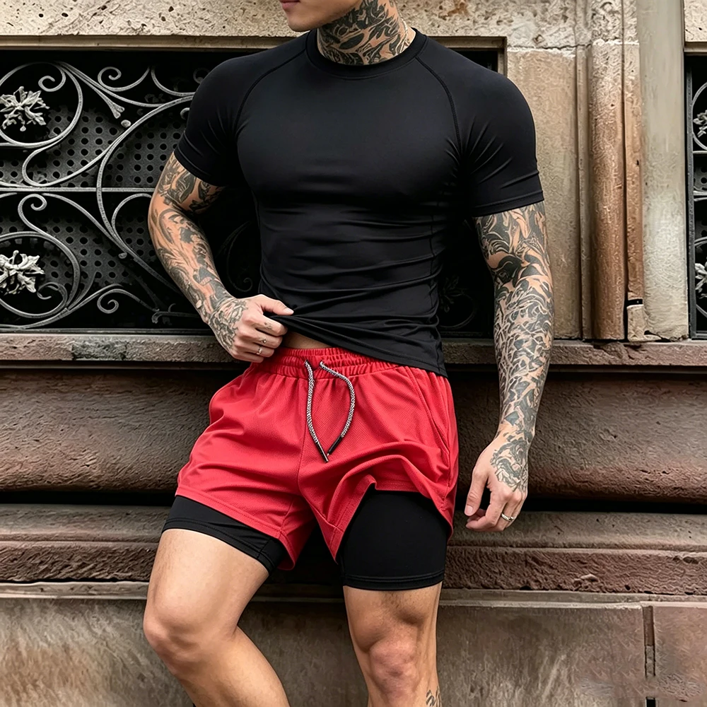 Mens Fitness 2 Piece Compression Short Sleeve Quick Dry Double Layer Training Shorts Outfit Gym Athletic Running Workout Set
Mens Fitness 2 Piece Compression Short Sleeve Quick Dry Double Layer Training Shorts Outfit Gym Athletic Running Workout Set
