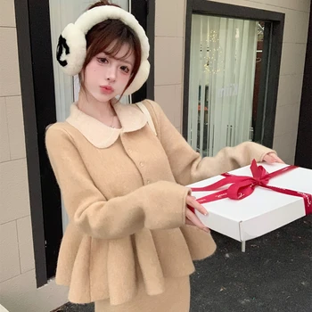 2024년 가을 여성용 니트 세트 바보넥 니트 외투 허리 조임 바지 반신 스커트 패션 세트 탄소 섬유 소재 롱 Sleev