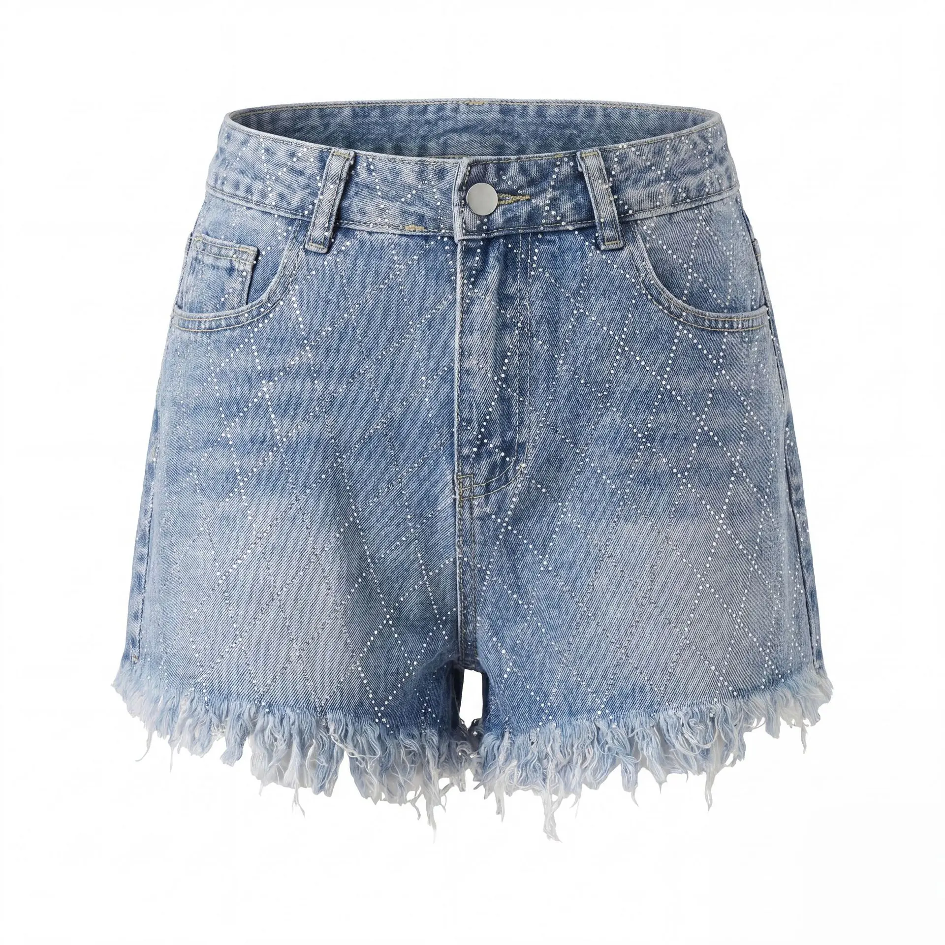Women's Rhinestone Lattice Denim Shorts Summer American Casual Fashion Shiny Female Washed Blue Fringed Straight Leg Shorts
Women's Rhinestone Lattice Denim Shorts Summer American Casual Fashion Shiny Female Washed Blue Fringed Straight Leg Shorts