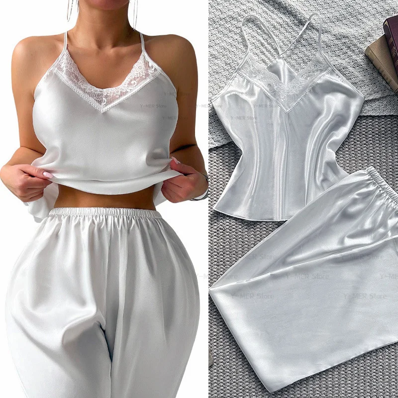 White Strap Top&pants Lady 2Pcs Pajamas Sleepwear Satin Homewear Women Thin Nightwear Sexy Lace Trim Outfit Rayon Lingerie
White Strap Top&pants Lady 2Pcs Pajamas Sleepwear Satin Homewear Women Thin Nightwear Sexy Lace Trim Outfit Rayon Lingerie