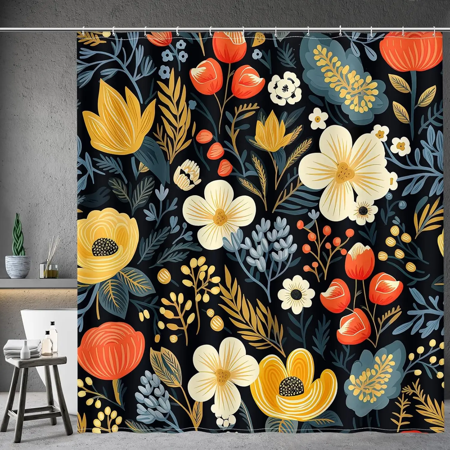 Vintage Floral Pattern Shower Curtain with Yellow Red and White Flowers on Black Background Retro Botanical Print for Bathroom
Vintage Floral Pattern Shower Curtain with Yellow Red and White Flowers on Black Background Retro Botanical Print for Bathroom