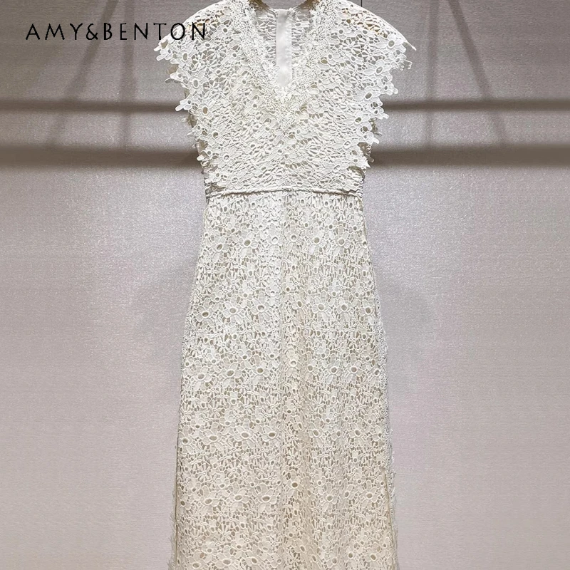 French Retro Design Women's Dress 2026 Spring Summer New Elegant Exquisite V-neck Slimming Lace Hollow Out Long Dresses Ladies
French Retro Design Women's Dress 2026 Spring Summer New Elegant Exquisite V-neck Slimming Lace Hollow Out Long Dresses Ladies