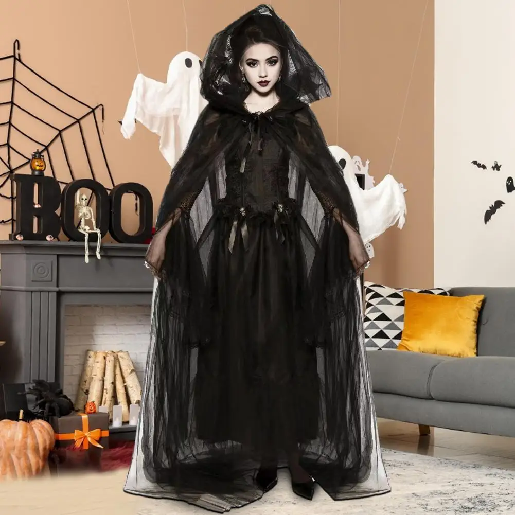 Женский костюм для косплея, костюм для Хэллоуина с сетчатой накидкой с капюшоном, кружевные перчатки, темное платье ведьмы для выступления
Женский костюм для косплея, костюм для Хэллоуина с сетчатой накидкой с капюшоном, кружевные перчатки, темное платье ведьмы для выступления