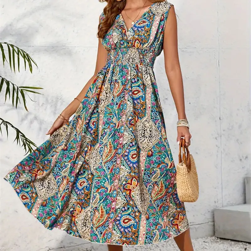 Women'S Printed V-Neck Sleeveless Dress With Spring And Summer Design Sense, Contrasting Color And Hugging Long Skirt
Women'S Printed V-Neck Sleeveless Dress With Spring And Summer Design Sense, Contrasting Color And Hugging Long Skirt