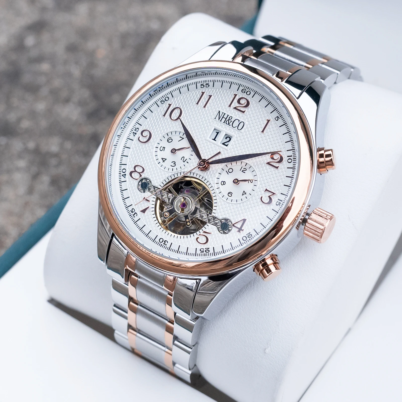 NHCO Mens Two-Tone Mechanical Watch Tourbillon Multifunction with Calendar Water Resistant Alloy Bracelet Automatic Timepiece
NHCO Mens Two-Tone Mechanical Watch Tourbillon Multifunction with Calendar Water Resistant Alloy Bracelet Automatic Timepiece