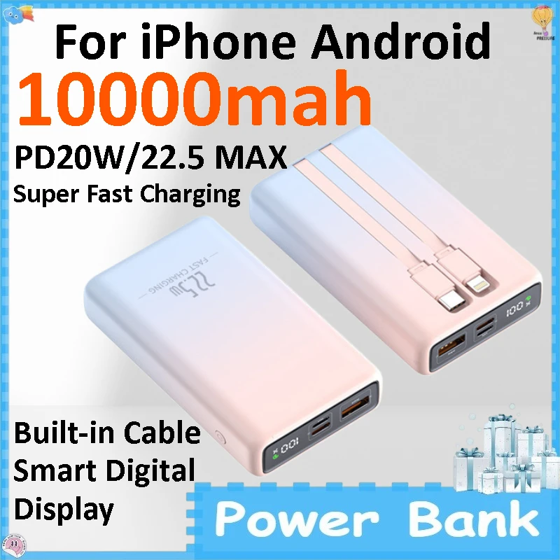 10000mAh Mini Power Bank 22.5W Super Quick Charge Built-in Charging Line Portable Mobile Power Supply for Phones
10000mAh Mini Power Bank 22.5W Super Quick Charge Built-in Charging Line Portable Mobile Power Supply for Phones