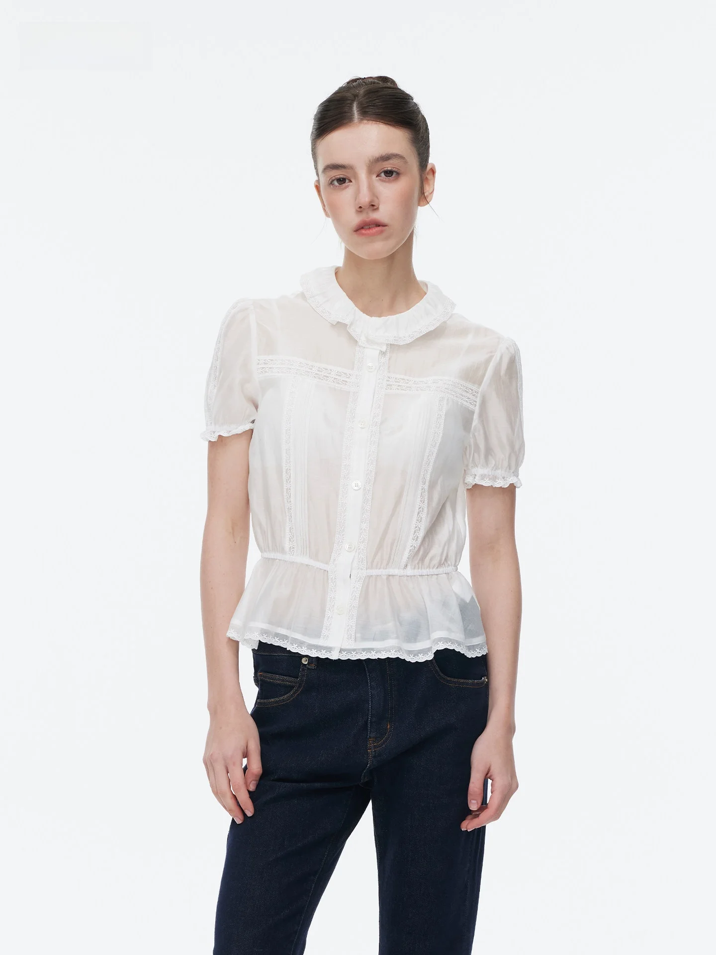 SoirReverie White Lace Short Sleeve Shirt with Waist Cinching Pleated Collar Bubble Sleeve Top Casual Style Polyester Fabric
SoirReverie White Lace Short Sleeve Shirt with Waist Cinching Pleated Collar Bubble Sleeve Top Casual Style Polyester Fabric