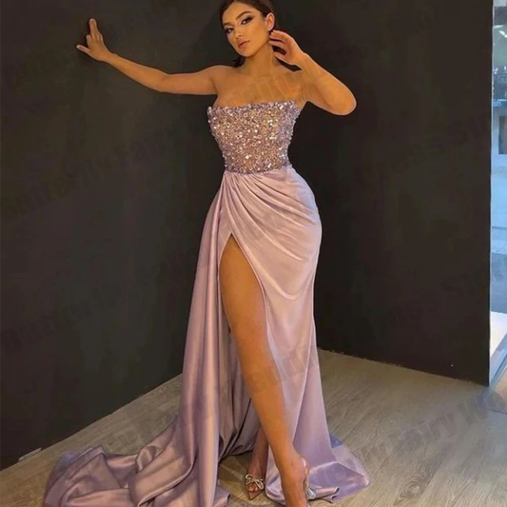 Elegant Pretty Off the Shoulder Crystal Mermaid Prom Gown High Split Sequined Satin Pleat Floor-Length Formal Evening Dresses
Elegant Pretty Off the Shoulder Crystal Mermaid Prom Gown High Split Sequined Satin Pleat Floor-Length Formal Evening Dresses