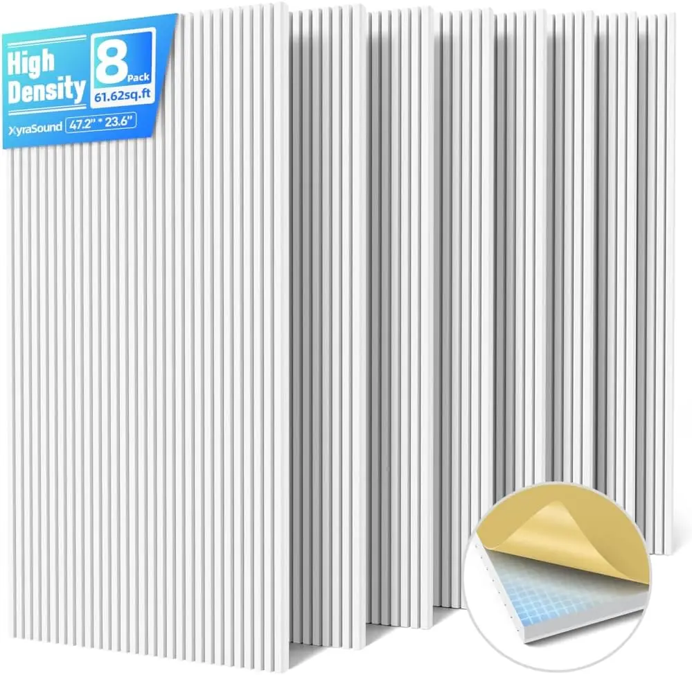 8 Pack Large Acoustic Panels with Self-Adhesive, High Density Soundproof Foam for Walls, 3D Vertical Design in White
8 Pack Large Acoustic Panels with Self-Adhesive, High Density Soundproof Foam for Walls, 3D Vertical Design in White