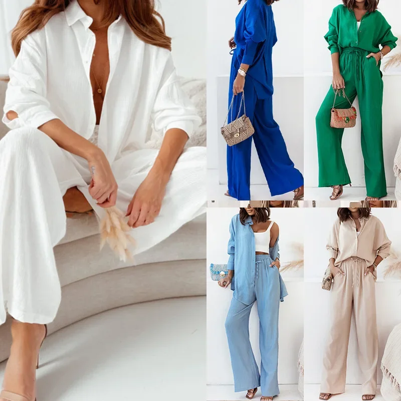 Women Autumn Winter Trouser Set Pants Set Solid Color Turndown Collar High Waist Lace-up Button Wide Leg Pants Casual Fashion
Women Autumn Winter Trouser Set Pants Set Solid Color Turndown Collar High Waist Lace-up Button Wide Leg Pants Casual Fashion