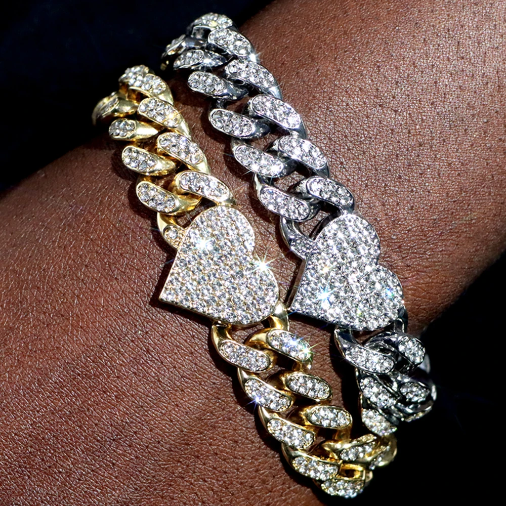 Iced Out Bling Heart Cuban Chain Bracelet Women Men Rhinestone Paved Chunky Tennis Chain Cuban Woman Bracelets Gift Wholesale
Iced Out Bling Heart Cuban Chain Bracelet Women Men Rhinestone Paved Chunky Tennis Chain Cuban Woman Bracelets Gift Wholesale