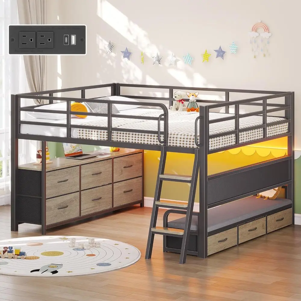 Low Loft Bed with Desk, 9 Storage Drawers, Safety Rail, Sofa, LED Lights, Charging Station, Space-Saving, Oak Gray
Low Loft Bed with Desk, 9 Storage Drawers, Safety Rail, Sofa, LED Lights, Charging Station, Space-Saving, Oak Gray