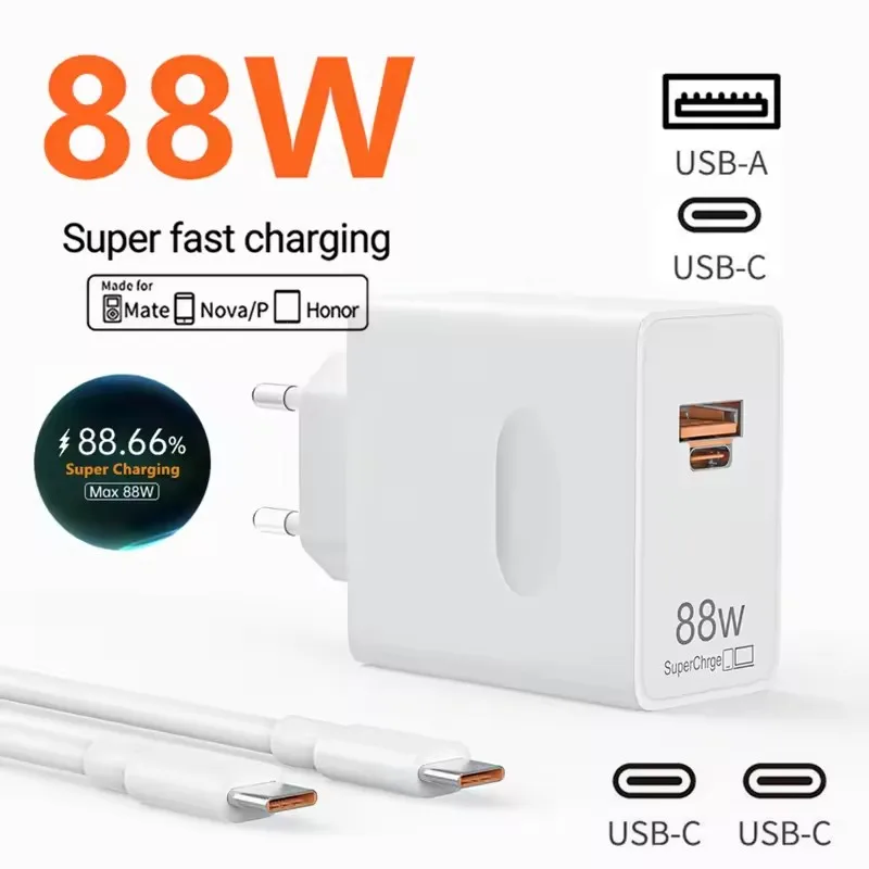 88W Max Super Fast Charger USB A+C Quick Charging Cable For Huawei Mate 50 60 P60 Nova 12 Honor 400 Magic 6 Pro Type C to Type C
88W Max Super Fast Charger USB A+C Quick Charging Cable For Huawei Mate 50 60 P60 Nova 12 Honor 400 Magic 6 Pro Type C to Type C