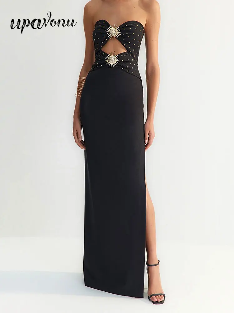 2024 Sexy Women's Strapless Sleeveless Black Bandage Dress Button Decoration Bodycon Hollow Back Split Long Dress Party Vestidos
2024 Sexy Women's Strapless Sleeveless Black Bandage Dress Button Decoration Bodycon Hollow Back Split Long Dress Party Vestidos