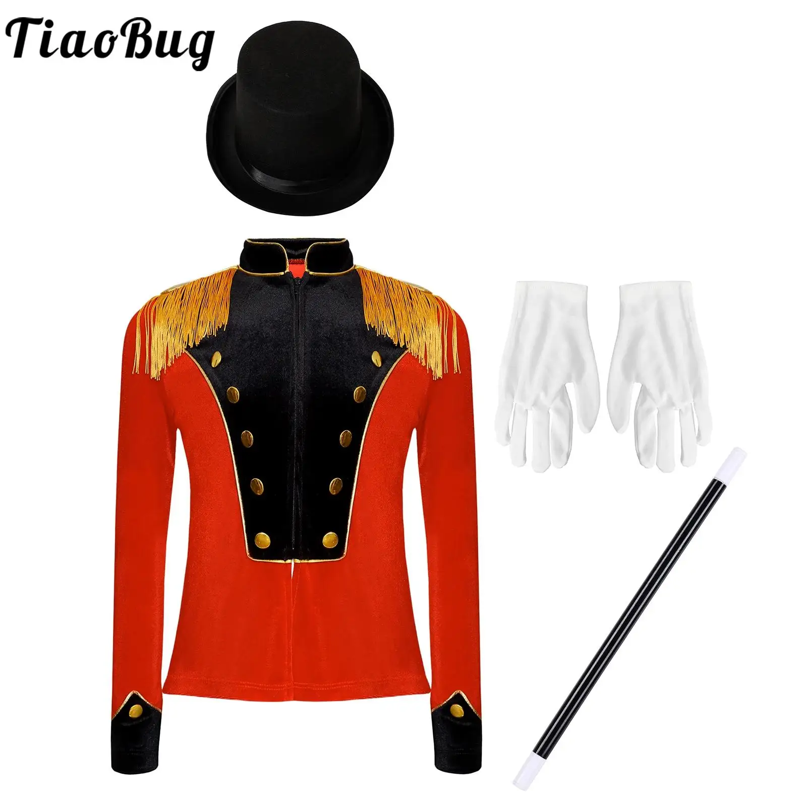 Kids Circus Magician Halloween Cosplay Costume Fringe Epaulet Velvet Drummer Jacket Hat and Gloves Wand Set Circus Showman Suits
Kids Circus Magician Halloween Cosplay Costume Fringe Epaulet Velvet Drummer Jacket Hat and Gloves Wand Set Circus Showman Suits