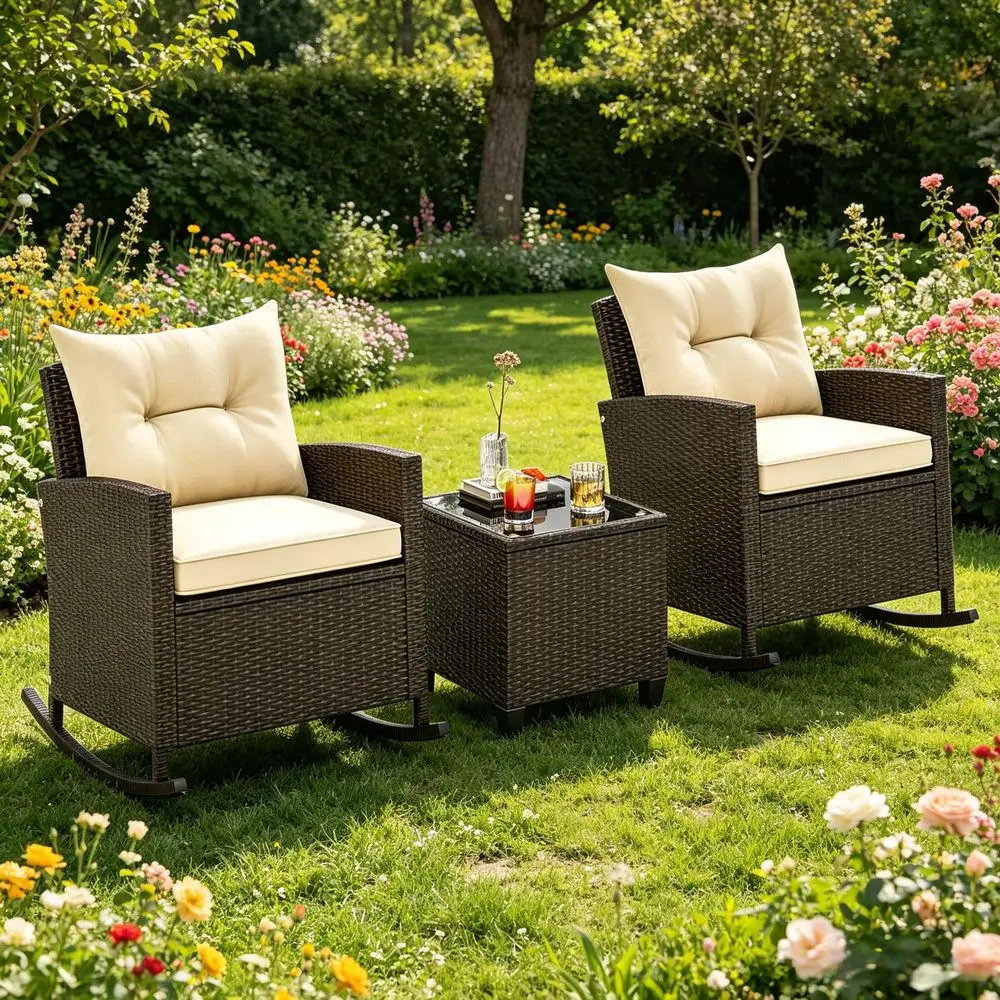 3 Pieces Patio Furniture Set, Outdoor Wicker Rocking Chairs with Soft Cushions, Glass Coffee Table, Rattan Conversation Bistro
3 Pieces Patio Furniture Set, Outdoor Wicker Rocking Chairs with Soft Cushions, Glass Coffee Table, Rattan Conversation Bistro