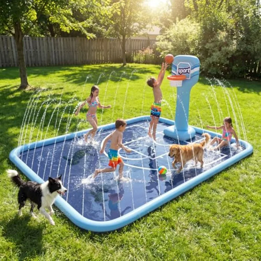 Outdoor splash pad for kids, 118x138 extra large PVC sprinkler with basketball hoop ball, blue and yellow, non-slip surface for
Outdoor splash pad for kids, 118x138 extra large PVC sprinkler with basketball hoop ball, blue and yellow, non-slip surface for
