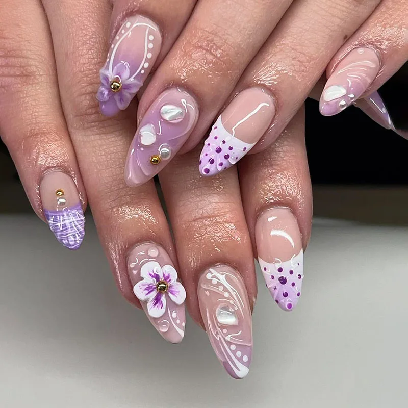 24Pcs French Halo Press on Nail Purple 3D Flowers Almond Fake Nail for Women and Girl Removable Wearable Nail Art Daily Wear
24Pcs French Halo Press on Nail Purple 3D Flowers Almond Fake Nail for Women and Girl Removable Wearable Nail Art Daily Wear