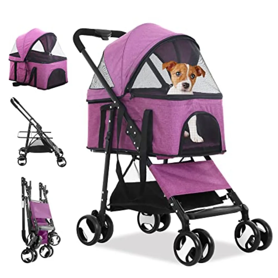 Dog stroller for travel, polyester fabric, purple, 3-in-1 folding design with safety belt and detachable carrier
Dog stroller for travel, polyester fabric, purple, 3-in-1 folding design with safety belt and detachable carrier
